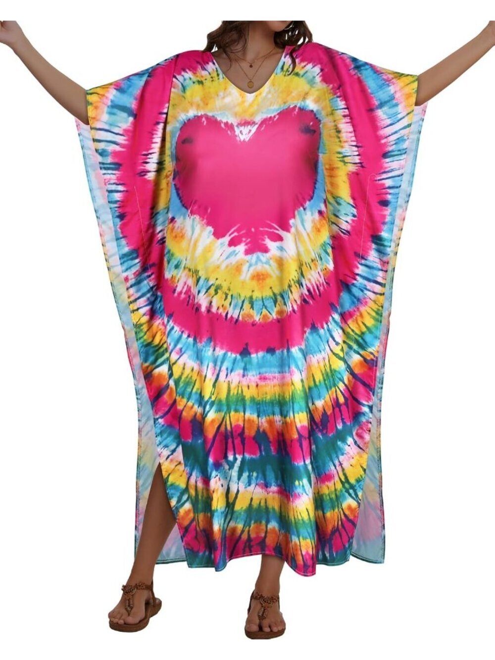 Women's Big Pink Heart Plus Size V Neck Caftan Long Batwing Sleeve Cover Up - Picture 4 of 6